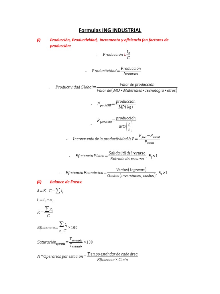 Fórmulas de Eficiencia en Ingeniería Industrial | PDF | Economias ...