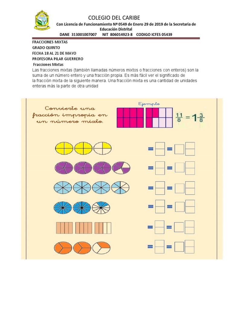 Fracciones Mixtas Grado Quinto | PDF