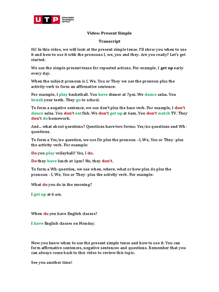 Week 2 Transcript Present Simple PDF Question Verb