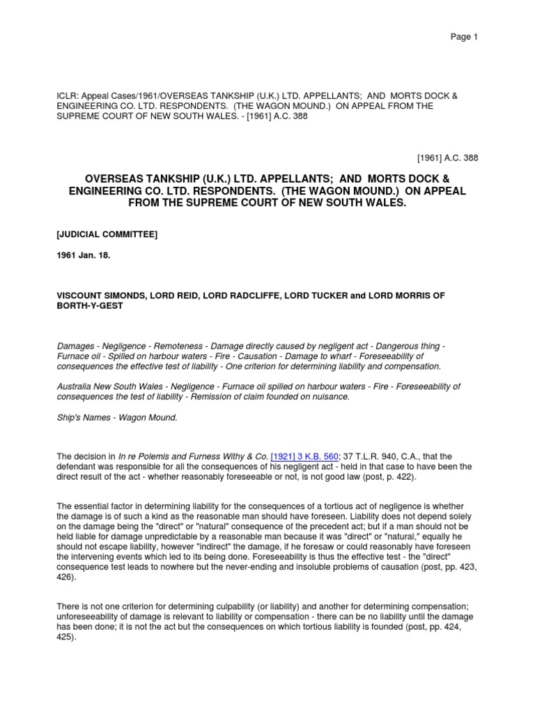 The Wagon Mound No. 1 (1961) PDF Negligence Common Law