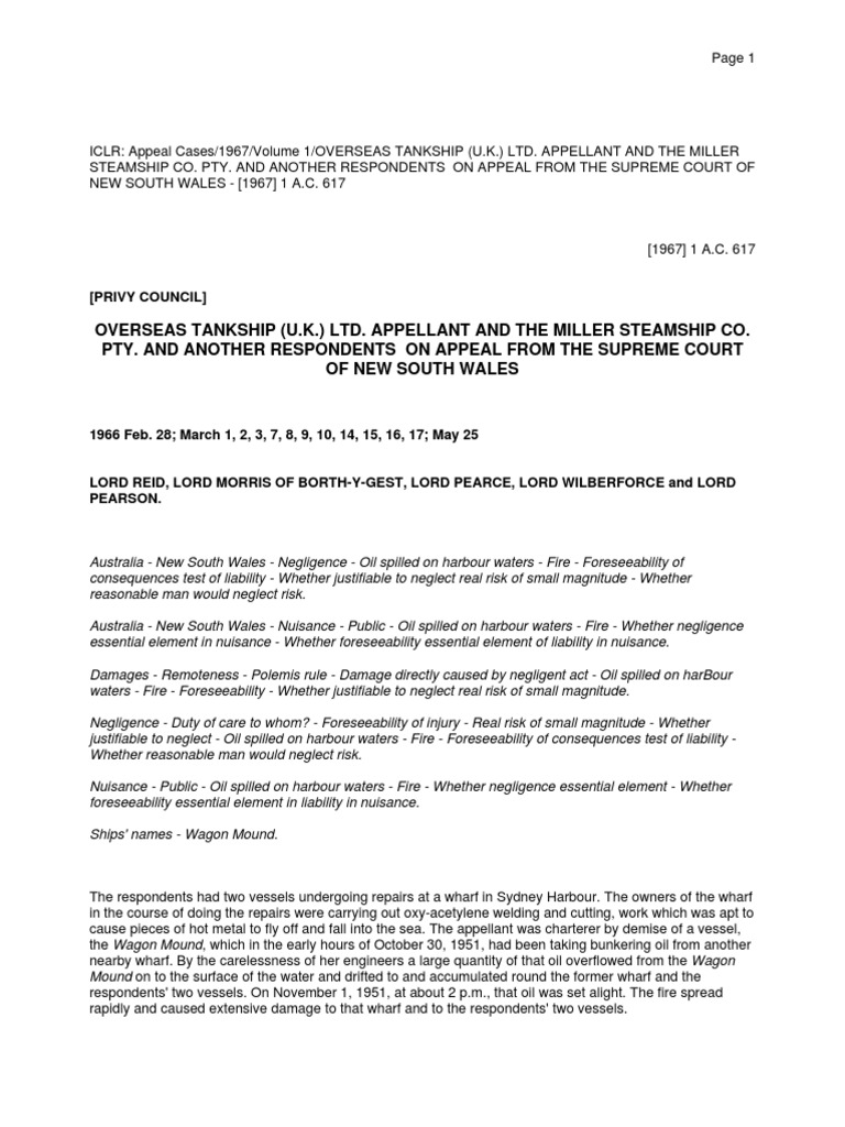 The Wagon Mound No. 2 (1967) PDF Negligence Tort
