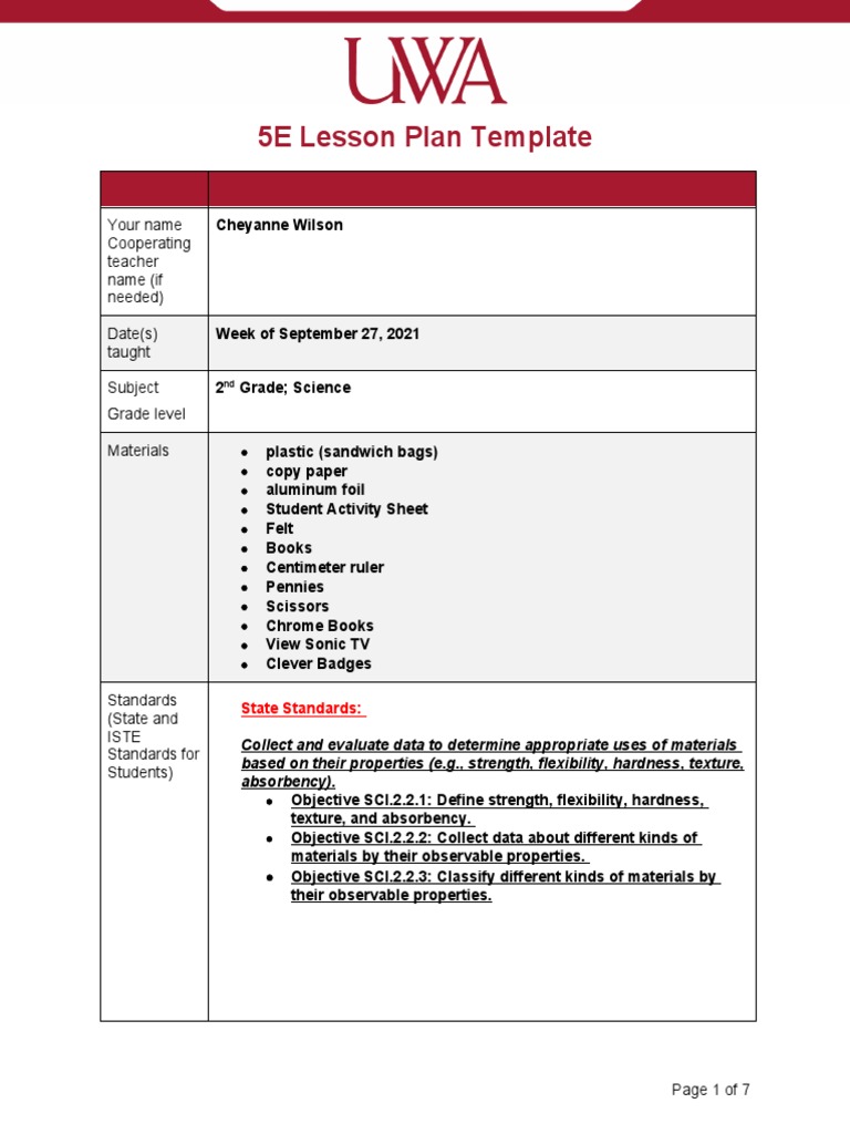 5E Lesson Plan Template: Cheyanne Wilson | PDF | Learning | Science ...