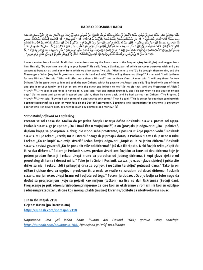 Hadis O Prosjaku I Radu Samostalni Prijevod Sa Engleskog PDF
