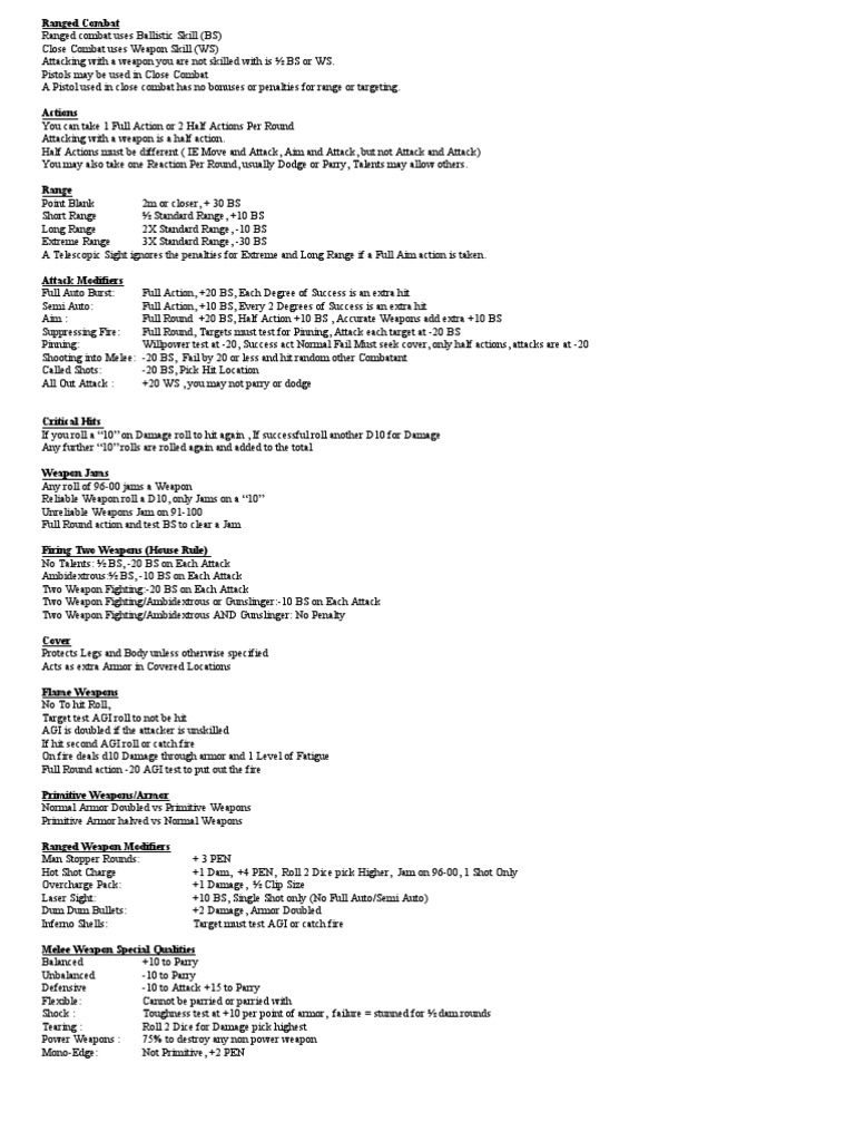 Dark Heresy Combat Reference | PDF | Military | Projectile Weapons