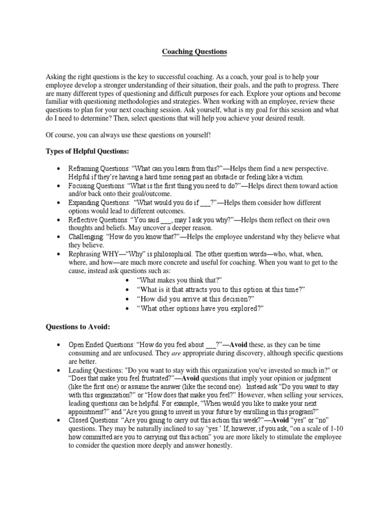 Coaching Questions Types Of Helpful Questions Pdf Goal