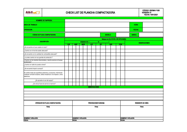 Check List de Plancha Compactadora | PDF