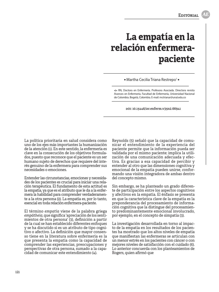 La Empatia En La Relacion Enfermera Paciente Pdf Empatía Las