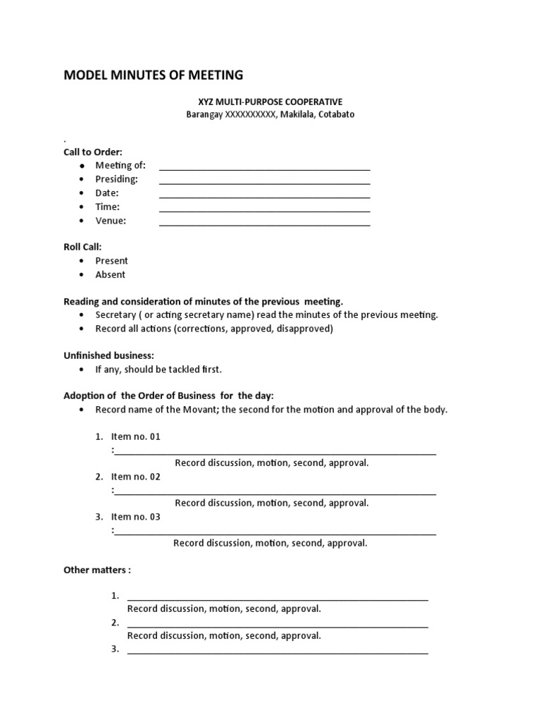 Model Minutes of Meeting: Call To Order | PDF | Government | Public Law