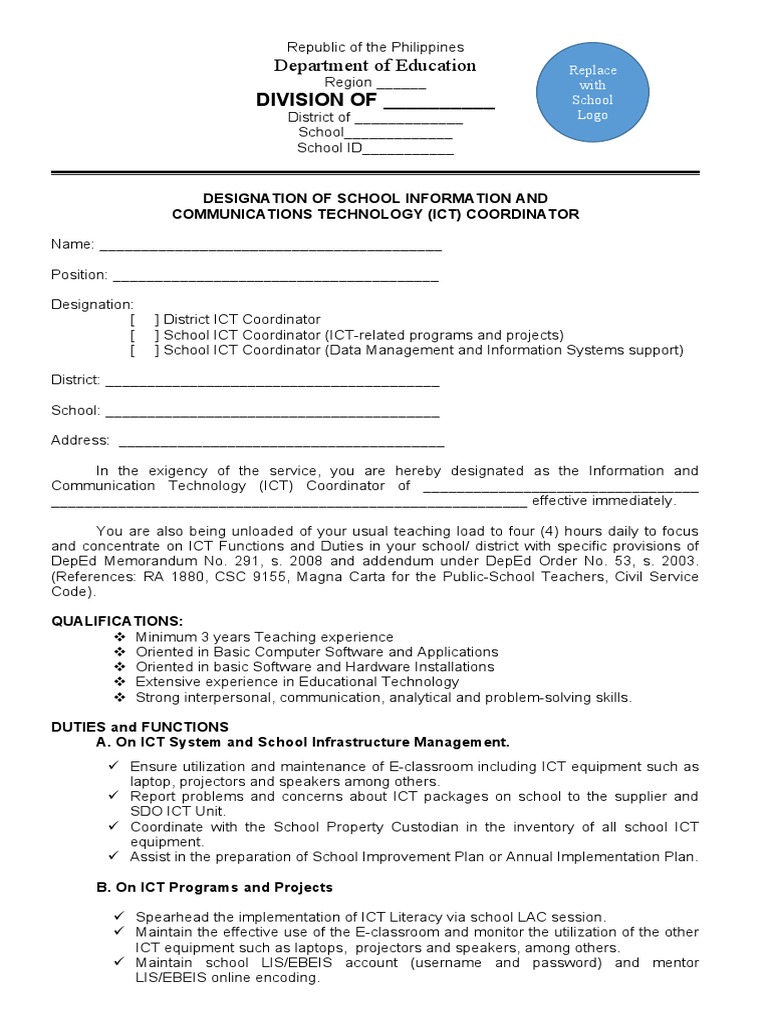 ICT Coordinator Designation Form Philippines | PDF | Educational ...
