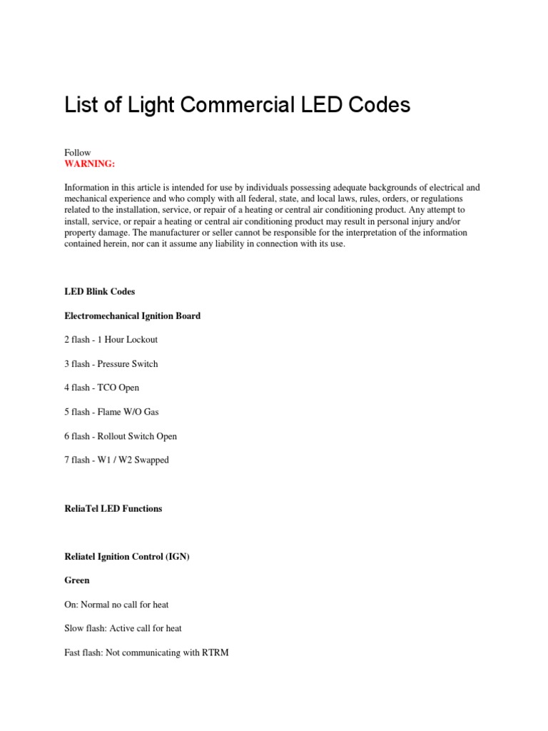 Light Commercial LED Error Codes Guide | PDF | Switch | Heat Pump