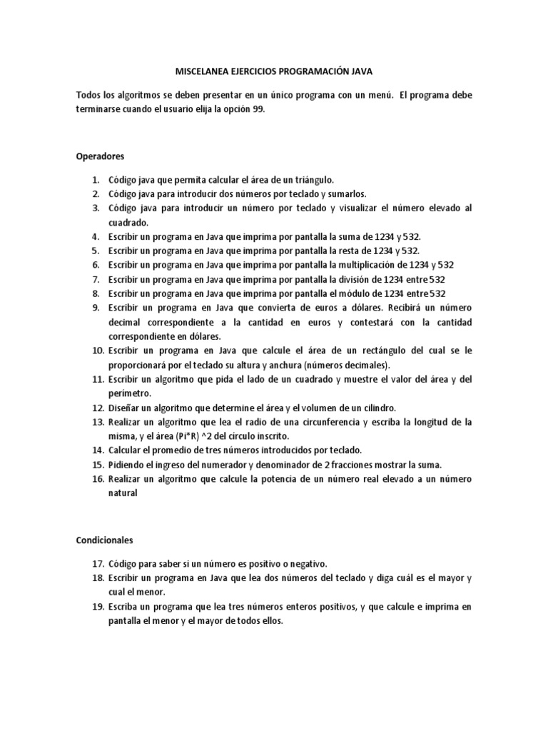 Ejercicios de Programación en Java | PDF | Algoritmos | Java (lenguaje ...