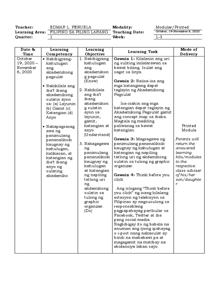 Weekly Home Learning Plan FPL PDF