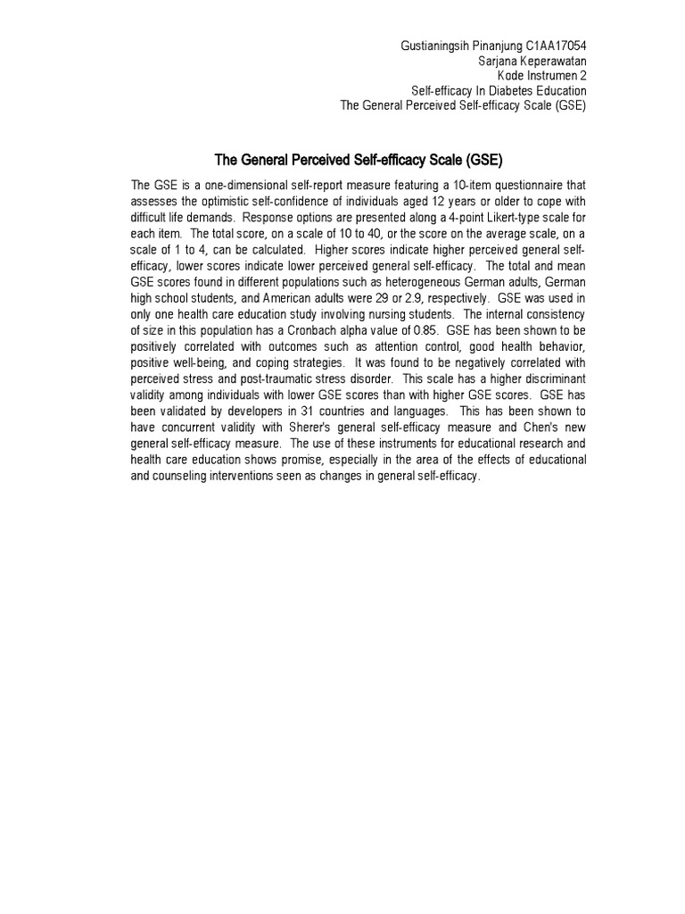 General Self-Efficacy Scale in Diabetes Education | PDF | Self Efficacy ...
