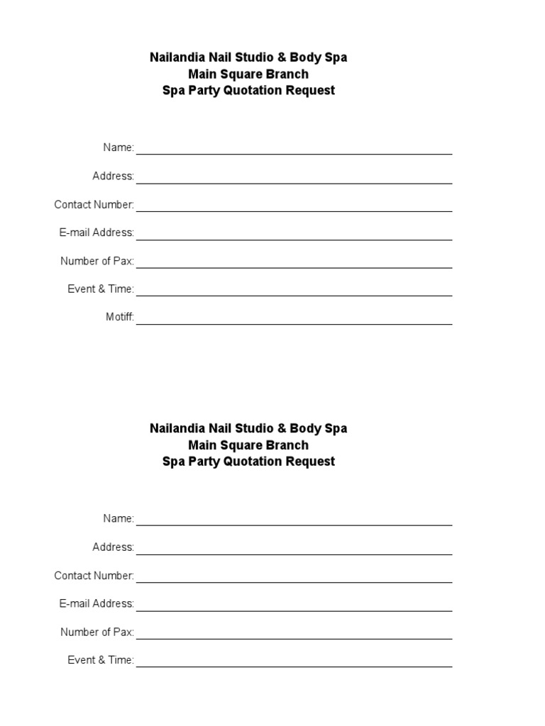 Spa Party Quotation Request Form | PDF | Career & Growth