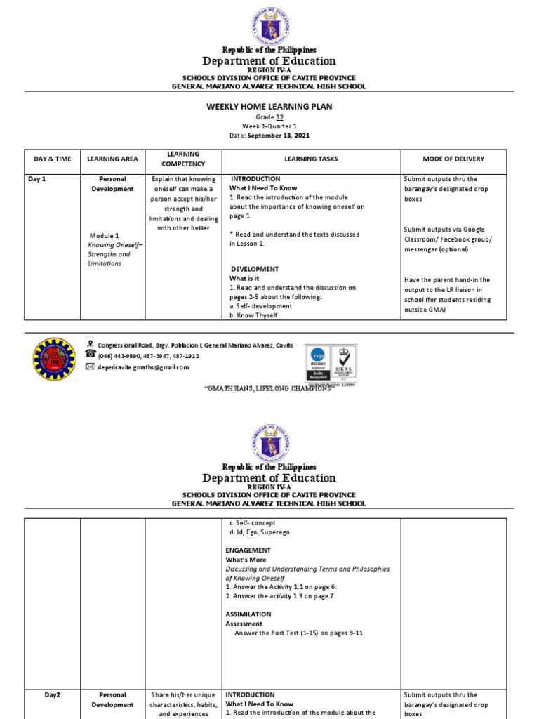 Department of Education: Weekly Home Learning Plan | PDF | Id ...
