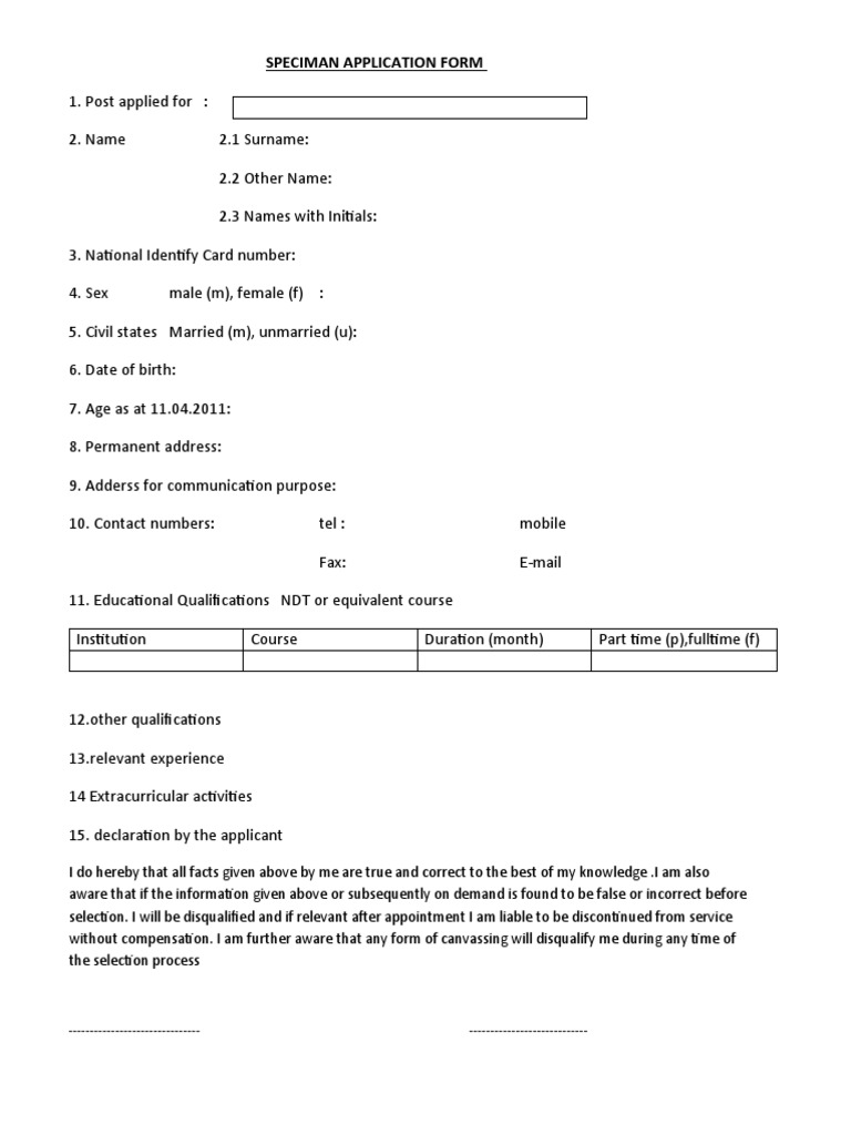 Specimen Application Form | PDF