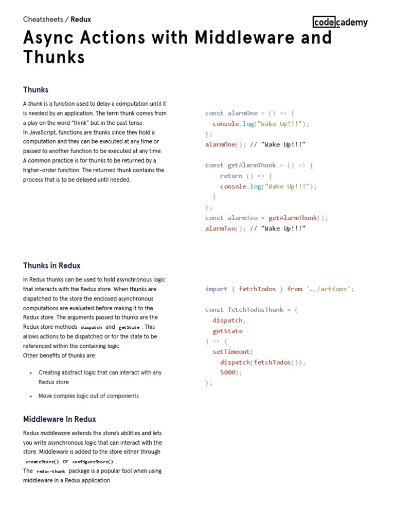 Redux - Async Actions With Middleware and Thunks Cheatsheet ...