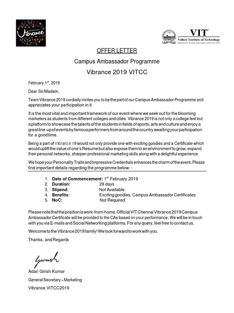 Offer Letter Campus Ambassador Programme Vibrance 2019 VITCC | PDF ...