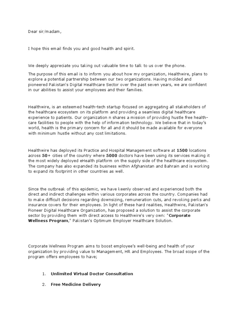 Healthwire Corporate Wellness Program Proposal | PDF | Health Care ...