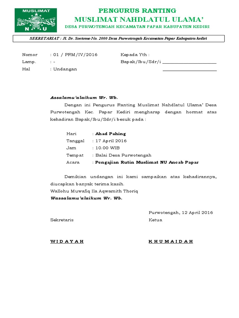 Undangan Pengajian Muslimat NU Ranting | PDF | Memasak, Makanan, & Anggur