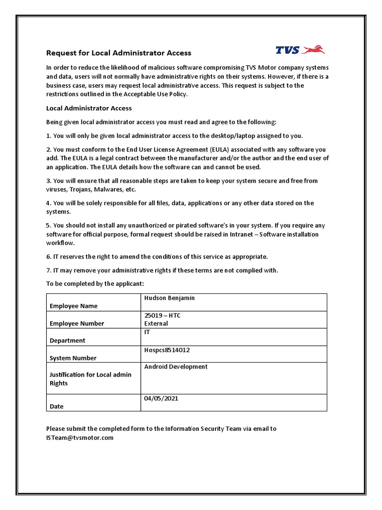 Request for Local Admin Access | PDF