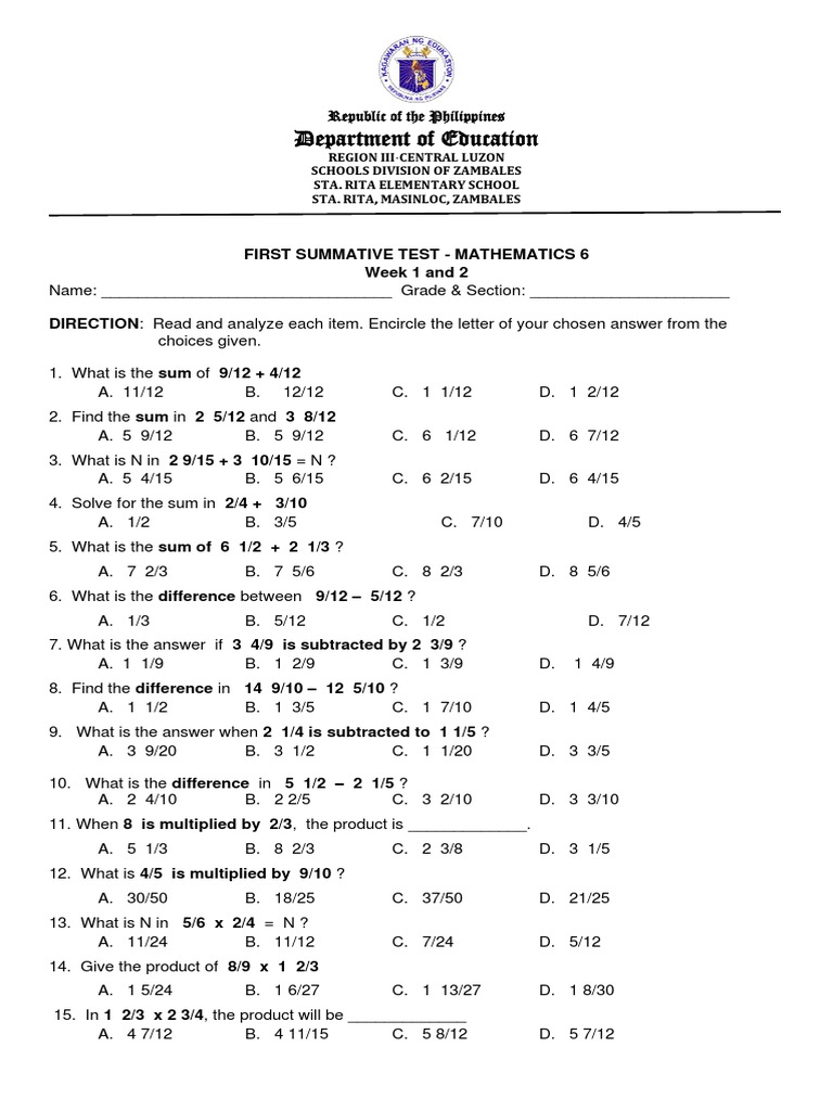 Math 6 Summative Test | PDF | Multiplication | Elementary Mathematics