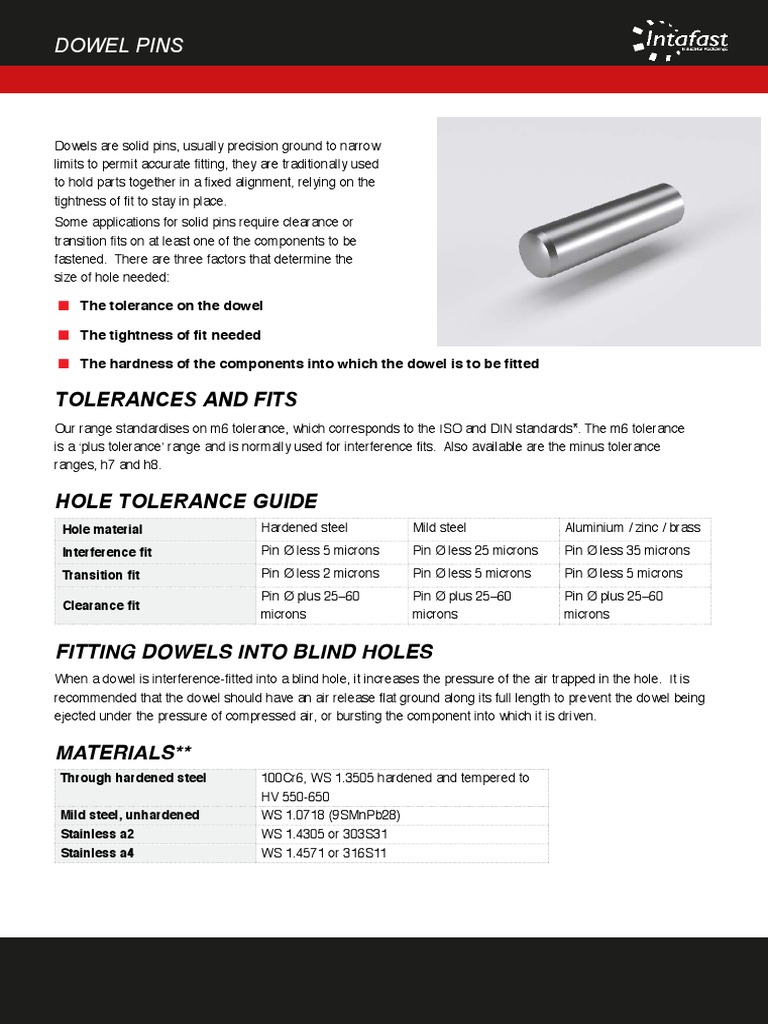 Dowel Pin Specifications PDF Engineering Tolerance Building Materials