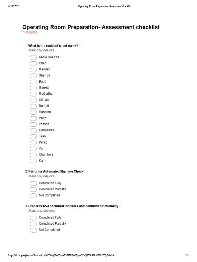 Operating Room Prep Assessment Checklist | PDF | Equipment | Medicine
