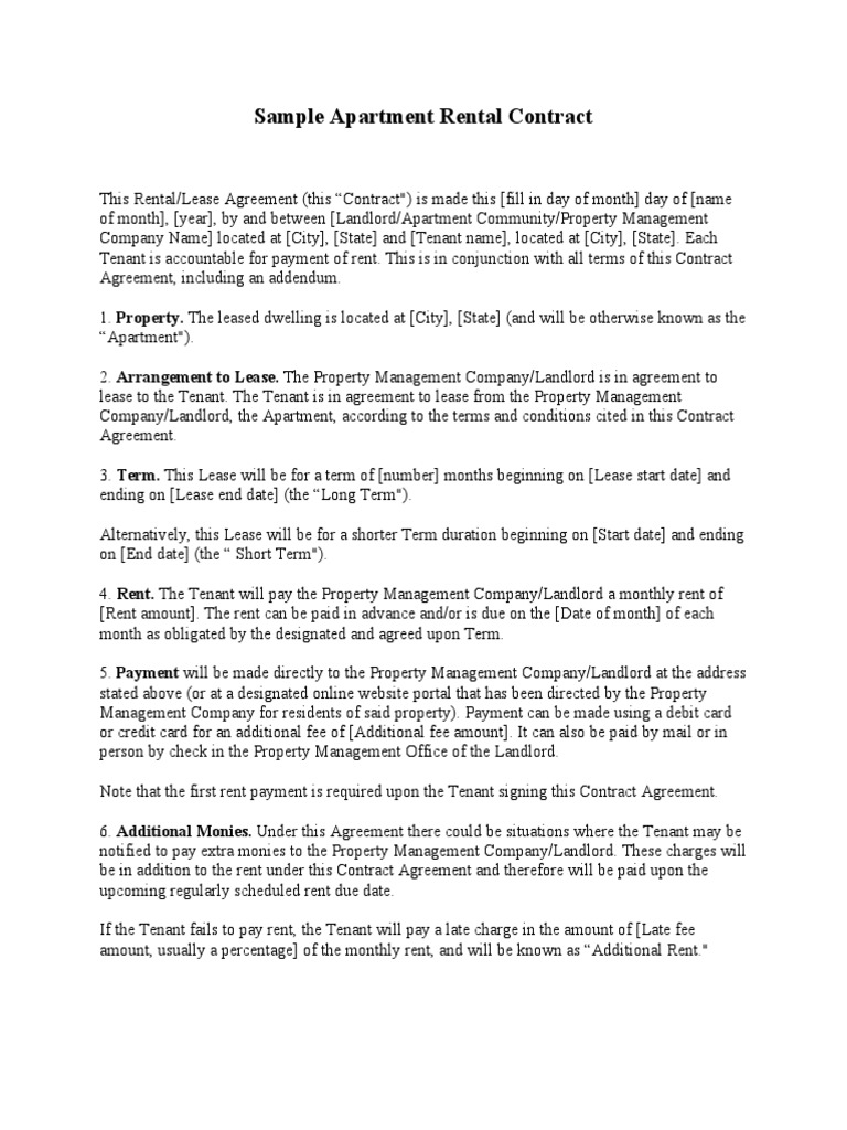 Sample Apartment Rental Contract PDF Lease Renting