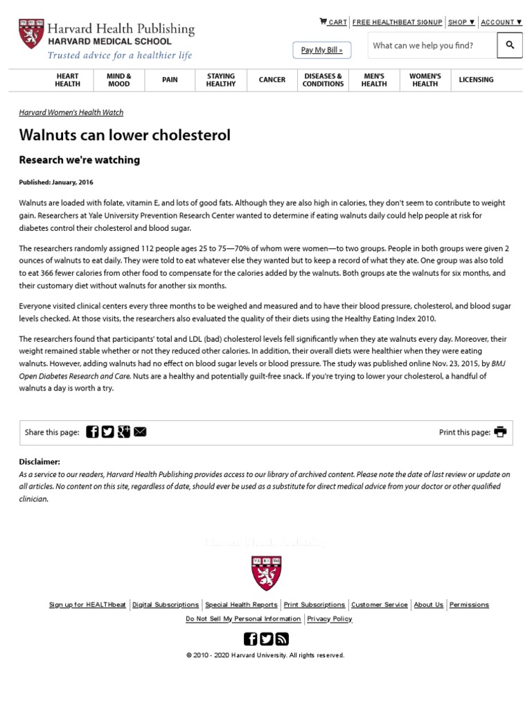 Walnuts Can Lower Cholesterol Harvard Health PDF Health Sciences