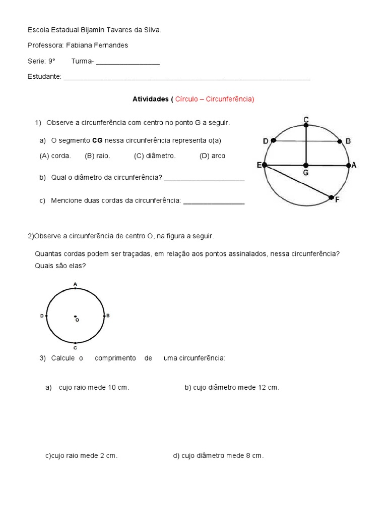 Atividades sobre Circunferência 9º Ano | PDF