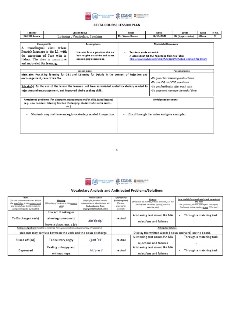 Celta Course Lesson Plan: Listening, Vocabulary, Speaking