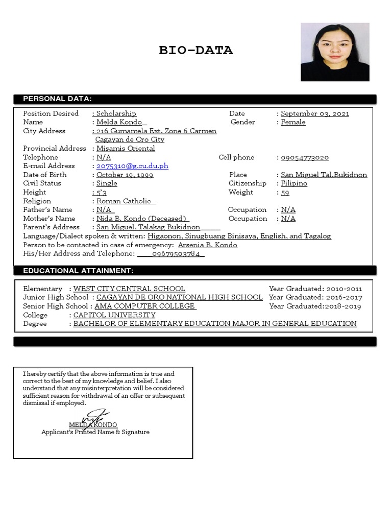 Sample Bio-Data for Scholarship Application | PDF
