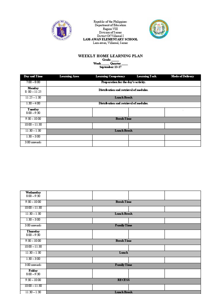 Weekly Home Learning Plan - Grade I | PDF