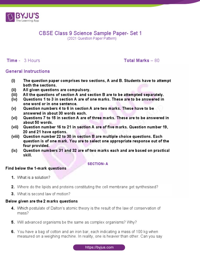 CBSE Class 9 Science Model Paper 2021 Pattern | PDF | Weight | Force