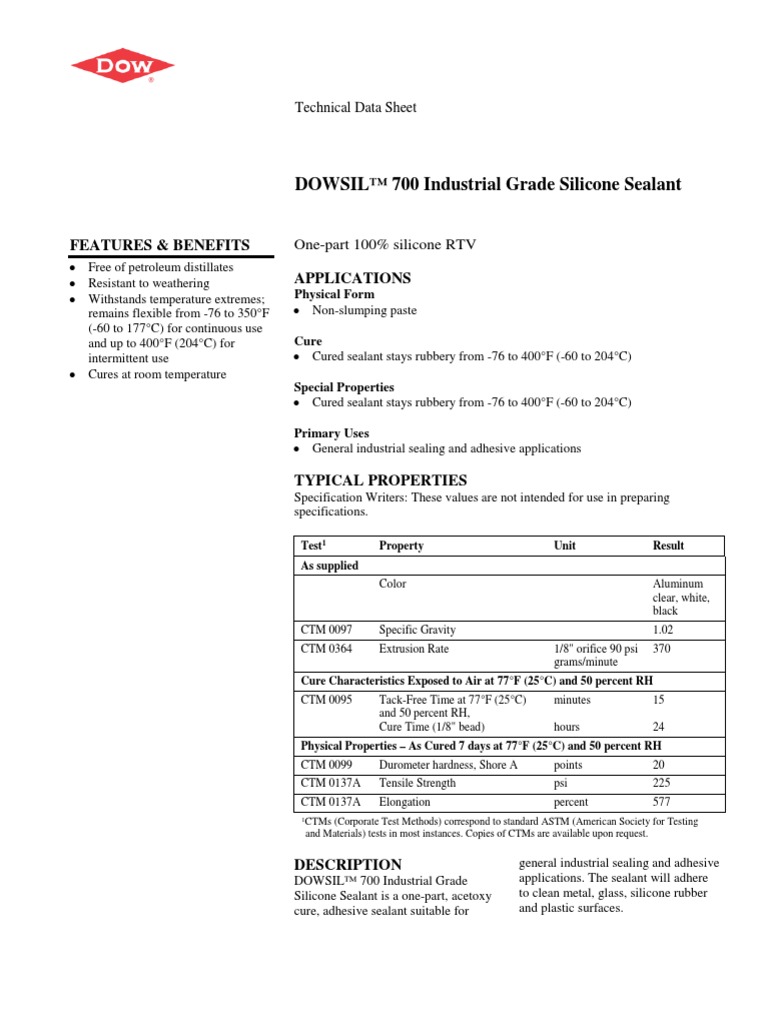 DOWSIL™ 700 Industrial Grade Silicone Sealant Features & Benefits Applications PDF Silicone