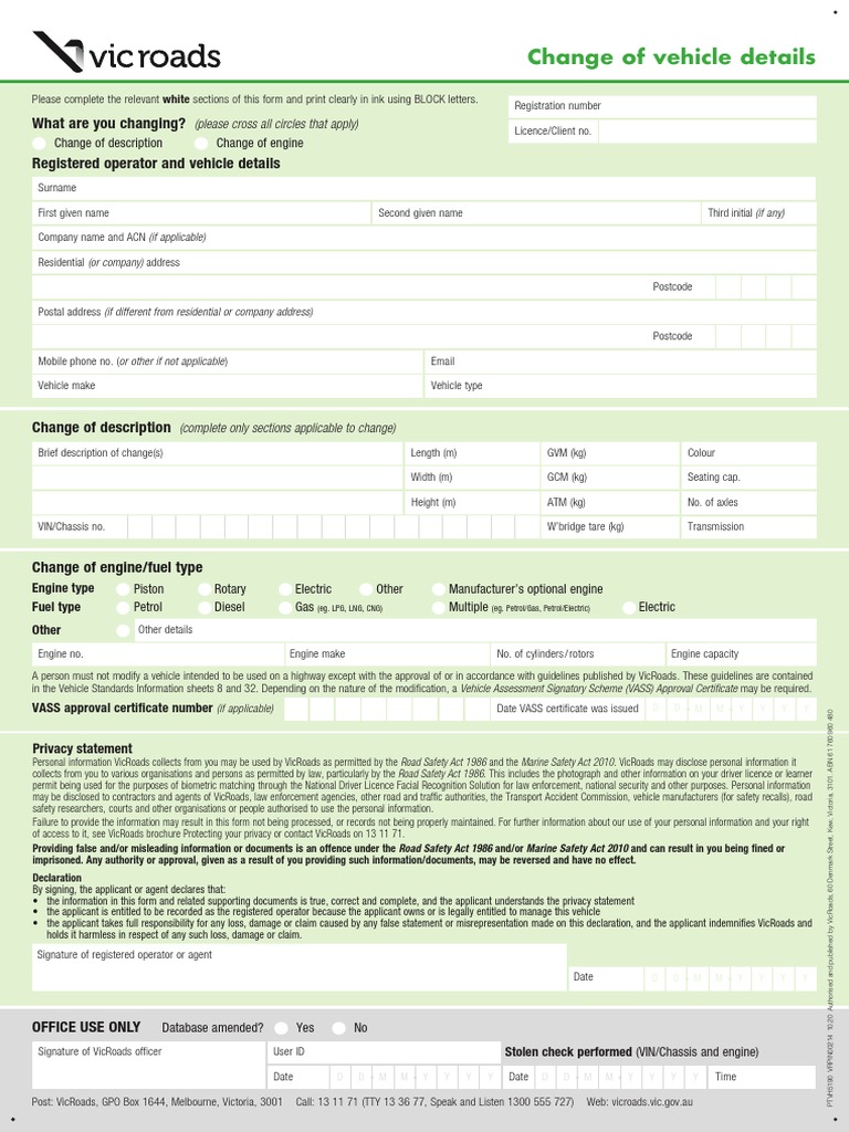 Change of Vehicle Details Form | PDF | Driver's License | Engines