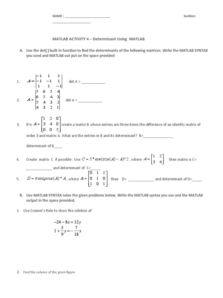 MATLAB Determinant Calculations Guide | PDF | Teaching Methods & Materials