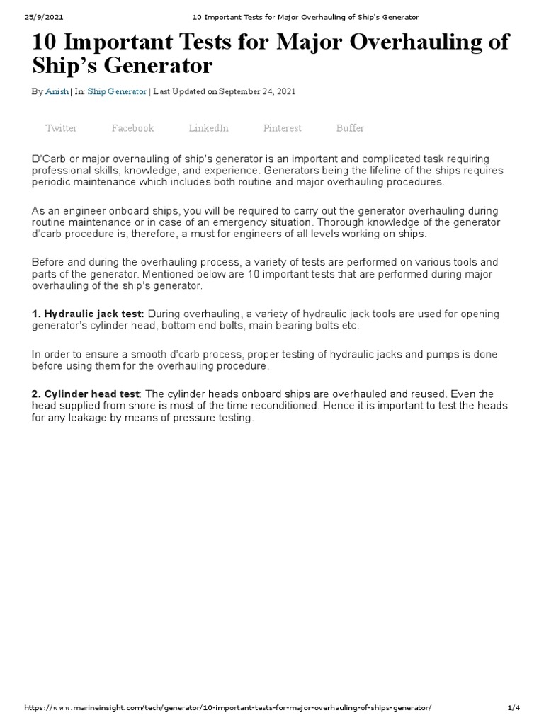 10 Important Tests For Major Overhauling of Ship's Generator | PDF ...