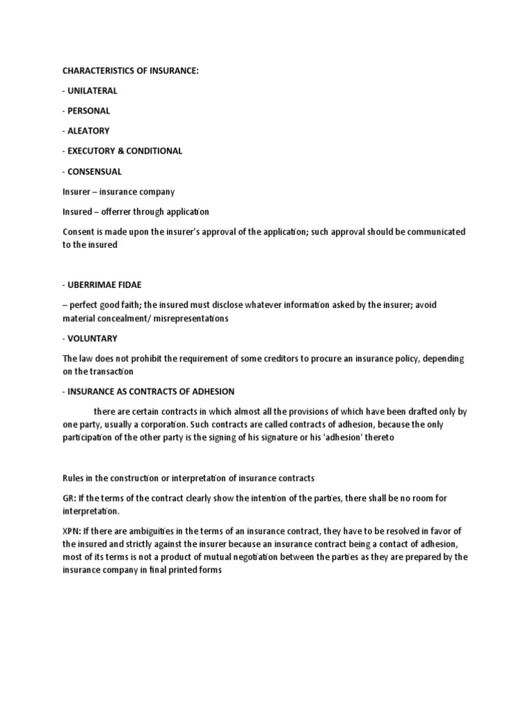 Characteristics of Insurance: - Unilateral - Personal - Aleatory ...