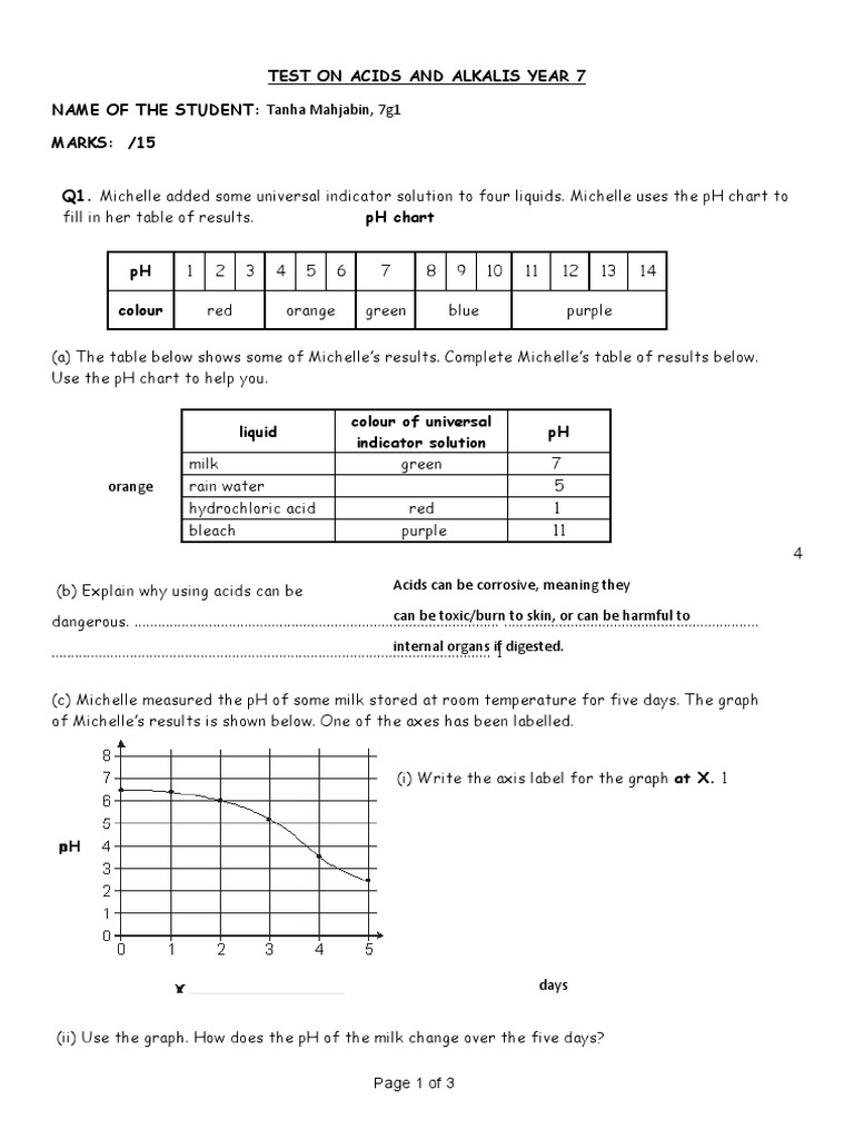 Year 7 Acids and Alkalis Test | PDF | Ph | Sodium Carbonate