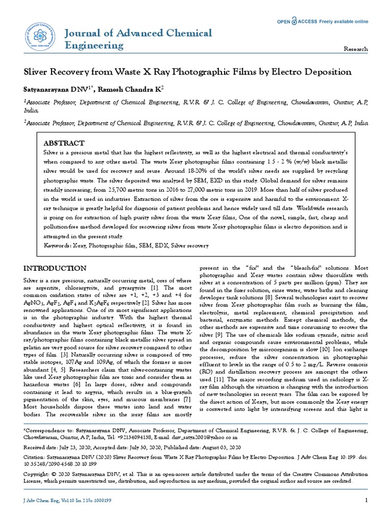 Sliver Recovery From Waste X Ray Photographic Films by Electro Deposition PDF Silver Sodium