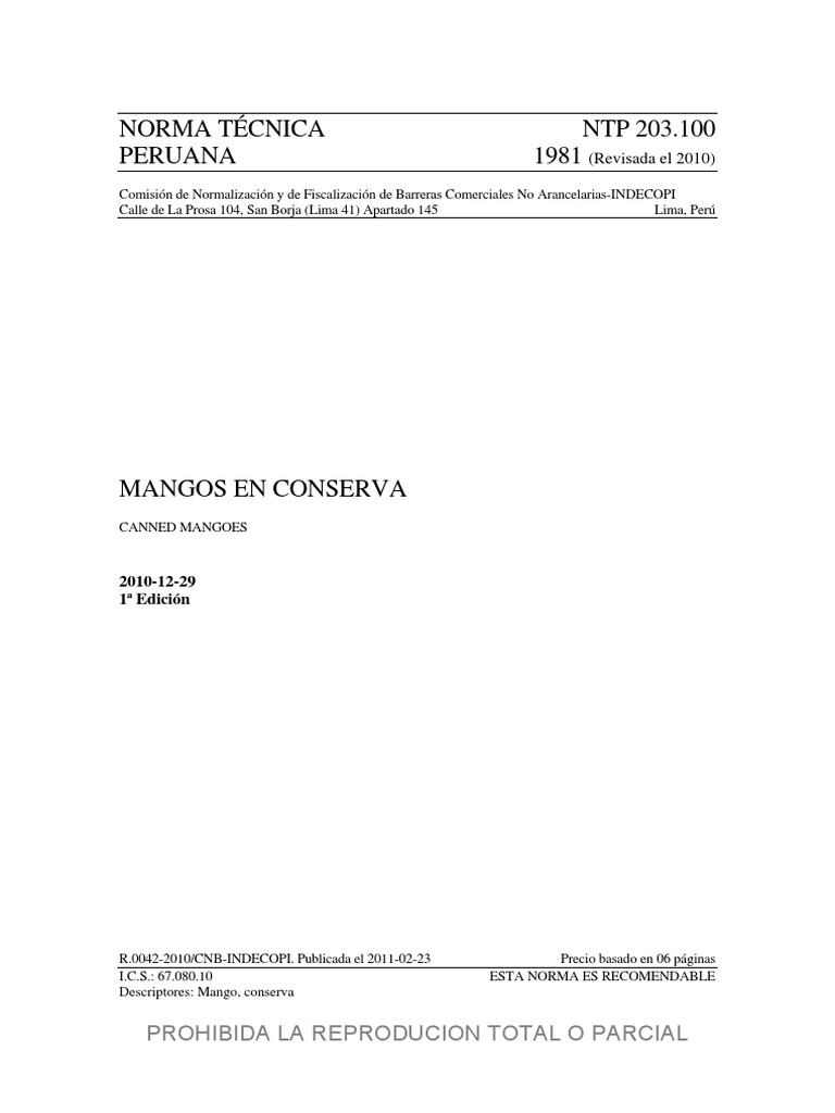 Mangos en Conserva PDF Perú Sustancias químicas