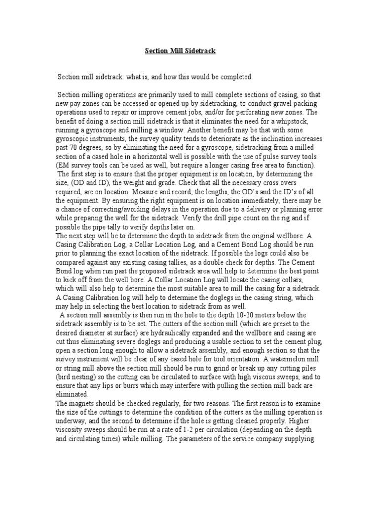 Section Mill Sidetrack Procedure Guide | PDF | Casing (Borehole ...