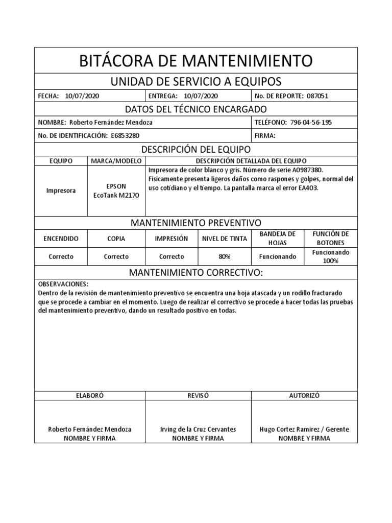 Ejemplo de Bitácora de Mantenimiento | PDF