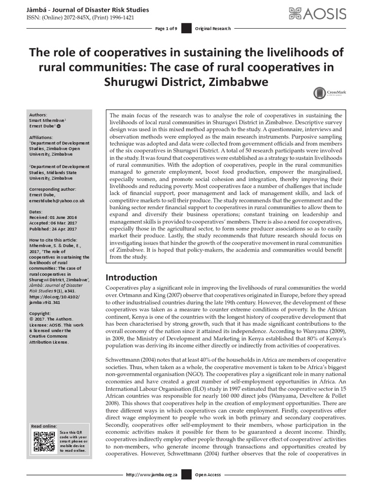 The Role of Cooperatives in Sustaining The Livelihoods of Rural ...