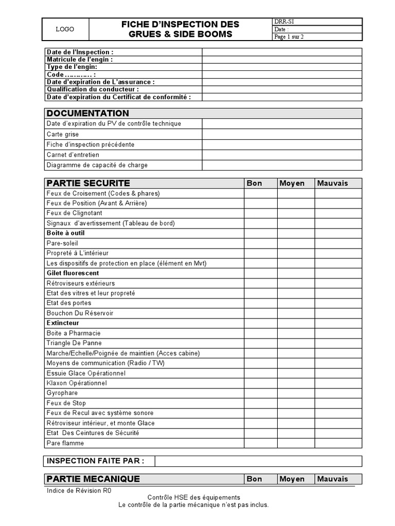 Fiche d'Inspection Grues et Side Booms | PDF | Véhicules terrestres ...