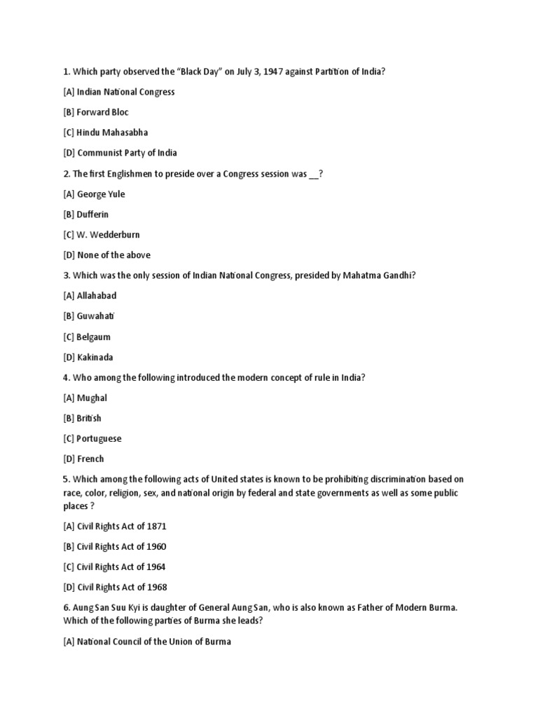 Indian History Quiz Questions and Answers | PDF | Politics