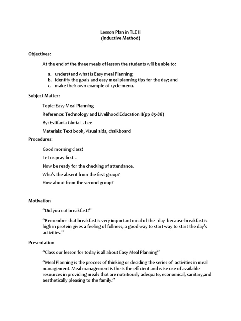 Lesson Plan in TLE II Inductive Method | PDF | Meal | Lunch