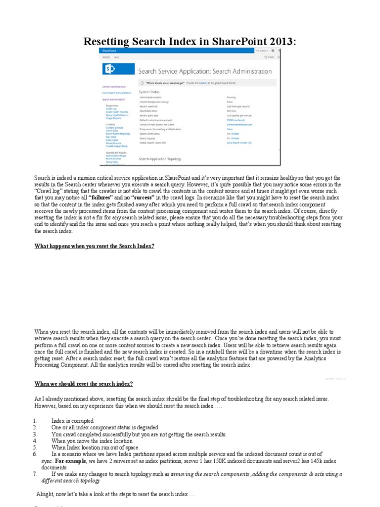 Resetting Search Index in SharePoint | PDF | Share Point | Search ...